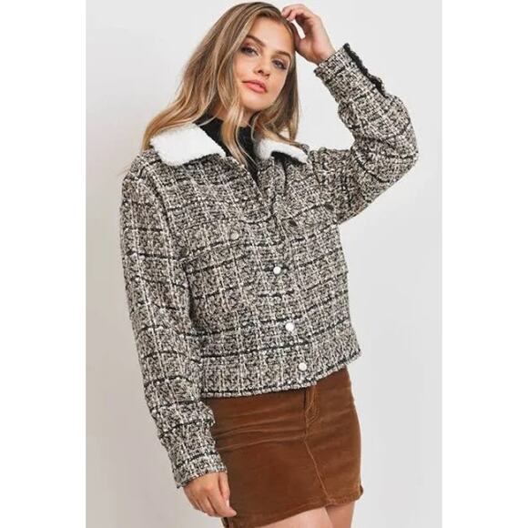 Sweet Rain Tweed Jacket with Sherpa Collar Trucker Jacket Blue - Picture 1 of 6